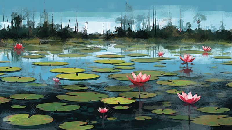 夏至唯美池塘里的荷叶荷花插画手绘背景,插画/手绘图,插画/手绘图库,插画/手绘图下载,插画/手绘